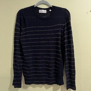 ALC Womens Wool Stripe Printed Thin Knit Long Sleeve Sweater Black Silver Size L